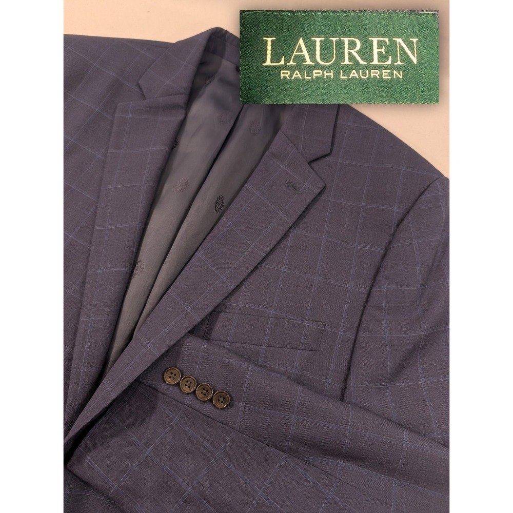 L. Ralph Lauren Blazer Sport Jacket 100% Wool Windowpane Plaid 44R Big 48" Cheat